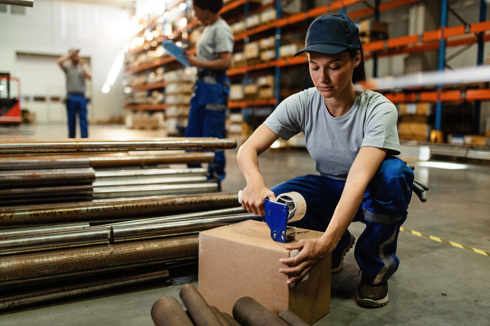 Young woman working in distribution warehouse and taping boxes for the shipment.