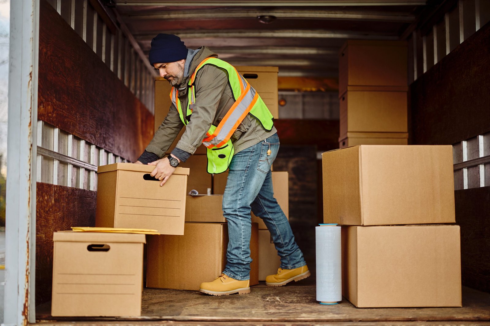 Driver loading carboard boxes for delivery in back of a truck.